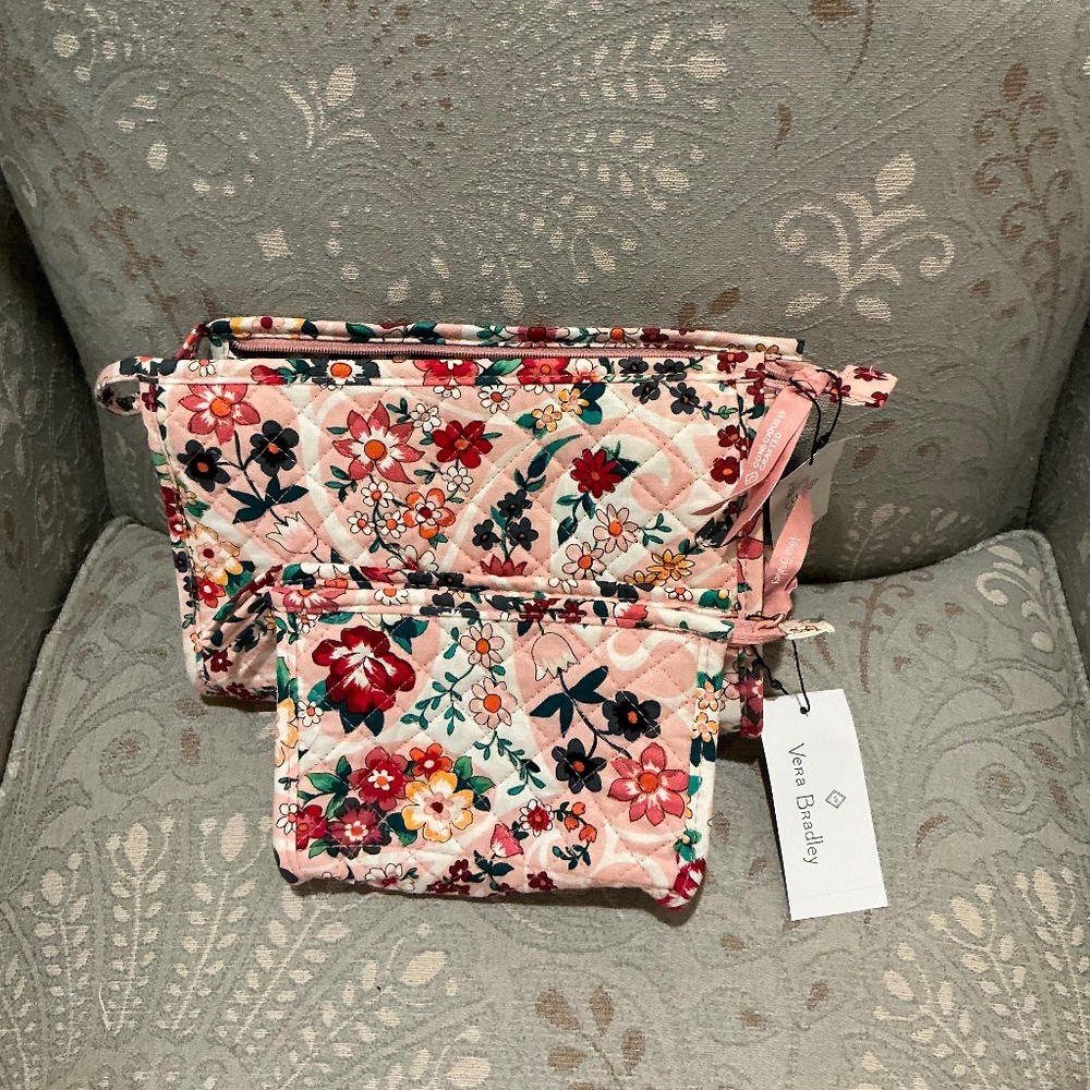 NWT Vera Bradley Trapeze Cosmetic Pouch Set of 2/Prairie Paisley Pattern